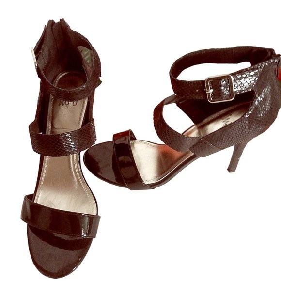 Black Textured Open Toe Olena Heels,  Black Strappy Animal Print Stilettos Heels - Picture 13 of 14